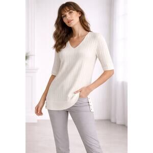 Joseph Ribkoff Ivory Ribbed Knit V-Neck Tunic Sheer/Solid Top Size M